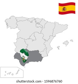 Location of Andalusia on map Spain. 3d Andalusia location sign similar to the flag of Andalusia. Quality map  with regions Kingdom of Spain. Stock vector. EPS10.