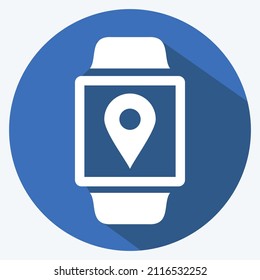 Icono de la aplicación de ubicación en el estilo de moda de sombra larga aislado en un fondo azul suave