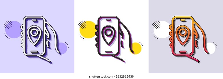Location app line icon. Halftone dotted pattern. Gradient icon with grain shadow. Hand hold phone sign. Cellphone with screen notification symbol. Line location app icon. Various designs. Vector
