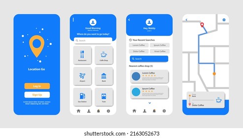 Location App Screens Service. Location App Screens Design Kit For App. Graphical User Interface For Responsive Mobile Application