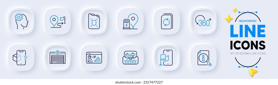 Aplicación de ubicación, Actualizar documento e iconos de la línea de rotación completa para la aplicación web. Paquete de realidad aumentada, búsqueda, iconos de pictograma del Cuadro de herramientas. Estadísticas de seo, garaje de estacionamiento, carteles de ingeniería. Vector