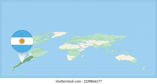 Location of Argentina on the world map, marked with Argentina flag pin. Cartographic vector illustration.