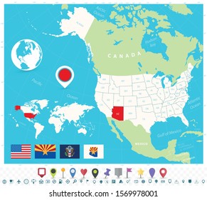 Location of Arizona on USA map with flags and map icons. Detailed vector illustration.