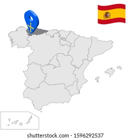 Location of  Asturias on map Spain. 3d Principality of Asturias location sign similar to the flag of Asturias. Quality map  with regions Kingdom of Spain. Stock vector. EPS10.
