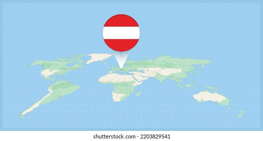 Location of Austria on the world map, marked with Austria flag pin. Cartographic vector illustration.