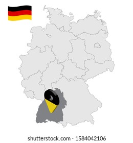 Location of  Baden-Wurttemberg on map Federal Republic of Germany. 3d Free Baden-Wurttemberg location sign similar to the flag of Baden-Wurttemberg. Map of Germany with regions. EPS10.