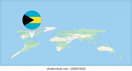 Location of The Bahamas on the world map, marked with The Bahamas flag pin. Cartographic vector illustration.