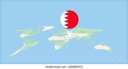 Location of Bahrain on the world map, marked with Bahrain flag pin. Cartographic vector illustration.