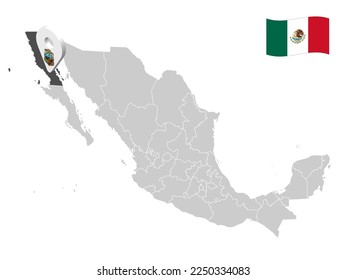 Location of Baja California State on map Mexico. 3d location sign of Baja California. Quality map with  provinces of  Mexico for your design. Vector illustration. EPS10.