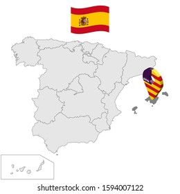 Location of  Balearic Islands on map Spain. 3d Balearic Islands location sign similar to the flag of Balearic Islands. Quality map  with regions Kingdom of Spain. EPS10.