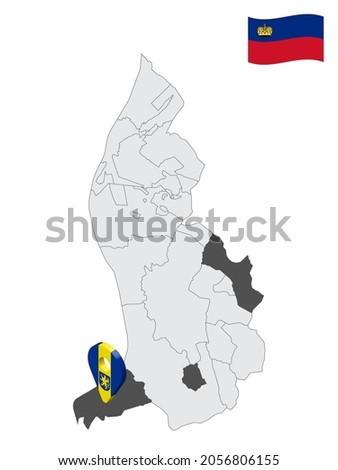 Location of Balzers on map Liechtenstein. 3d location sign similar to the flag of Balzers. Quality map  with regions  Principality of Liechtenstein for your design. EPS10.