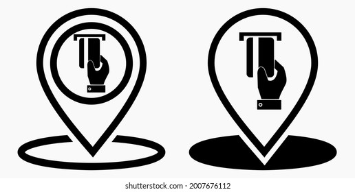 Location and bank card icon. GPS ATM. Payment by card. Geotag of cashless settlement. Vector icon.