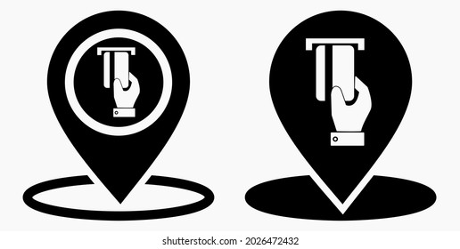 Location and bank card icon. GPS ATM. Payment by card. Geotag of cashless settlement. Vector icon.