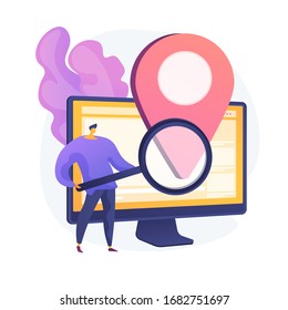 Location Based Advertisement. Geolocation Software, Online Gps App, Navigation System. Geographic Restriction. Man Searching Address With Magnifier. Vector Isolated Concept Metaphor Illustration