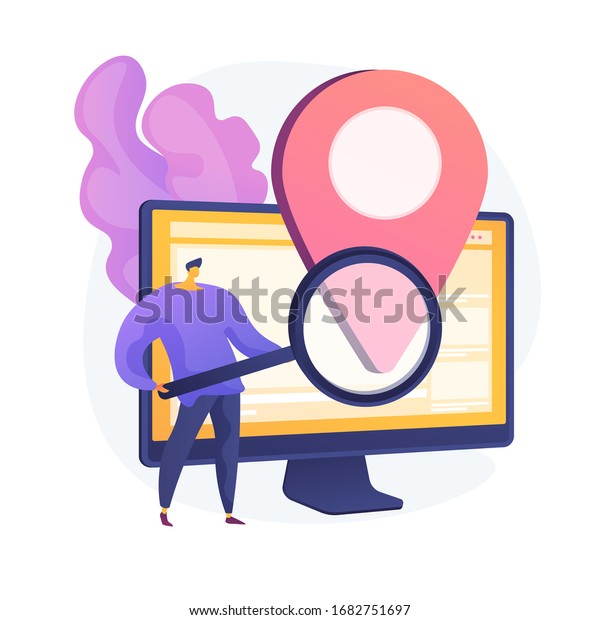 Location based advertisement. Geolocation\
software, online gps app, navigation system. Geographic\
restriction. Man searching address with magnifier. Vector isolated\
concept metaphor\
illustration