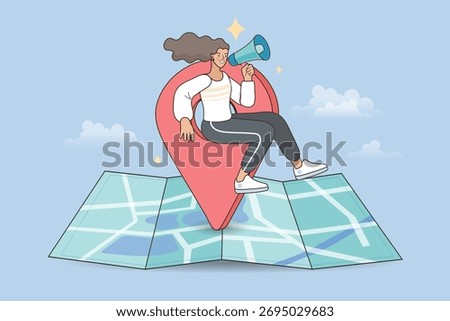 Location based marketing concept. A happy woman uses a megaphone while sitting on a large map pin, announcing a local business promotion, event location, or destination finding.