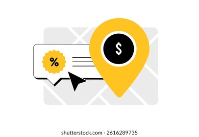 Location based marketing with geo targeted discount notifications. Personalized local offers sent via app when customer enters area. Real-time deals by location marketing. Isolated vector illustration