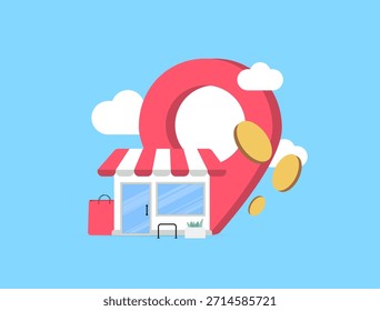 Location based shopping - hyperlocal marketing strategy concept. Map pins stores location support navigation targeted deals shaping 2026 retail trends, data driven mobile commerce growth illustration