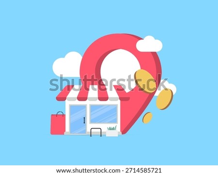 Location based shopping - hyperlocal marketing strategy concept. Map pins stores location support navigation targeted deals shaping 2026 retail trends, data driven mobile commerce growth illustration