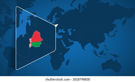 Lage von Belarus auf der Weltkarte mit erweiterter Karte von Belarus mit Flagge. Geografische Vektorvorlage für Ihr Design.
