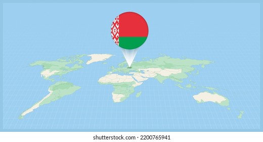 Location of Belarus on the world map, marked with Belarus flag pin. Cartographic vector illustration.