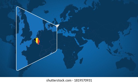 Location of Belgium on the World Map with Enlarged Map of Belgium with Flag. Geographical Vector Template for your design.