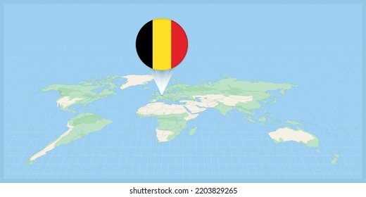 Lage von Belgien auf der Weltkarte, mit belgischem Fahnenstift markiert. Kartografische Vektorgrafik.