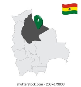 Location  Beni Department  on map Bolivia. 3d location sign similar to the flag of Beni. Quality map  with Departments of  Bolivia for your design. EPS10