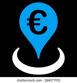 Location from BiColor Euro Banking Icon Set. Vector style: flat bicolor, blue and white symbol, rounded angles, black background.