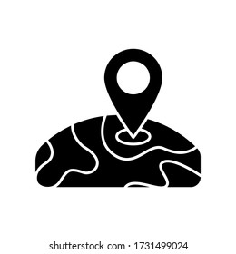 Location black glyph icon. GPS marker on planet. Global position tracking. International travel destination. Worldwide transportation. Silhouette symbol on white space. Vector isolated illustration