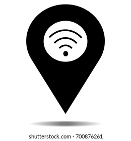 Location black icon vector with wifi or wireless icon. Pin sign Isolated on white background. Navigation map, gps, direction, place, compass, contact, search concept or check in.