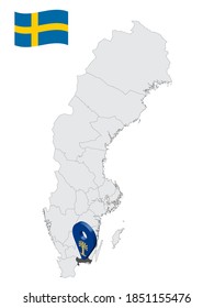 Location Blekinge County on map Sweden. 3d location sign similar to the flag of  Blekinge County. Quality map  with regions of  Sweden for your design. EPS10.