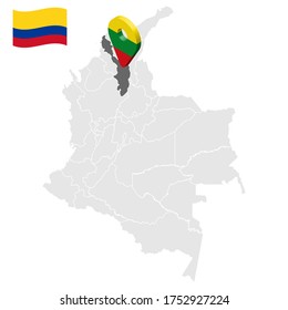 Location of Bolivar on map Colombia. 3d Bolivar location sign. Flag of Bolivar. Quality map with regions Republic of Colombia for your web site design, logo, app, UI. Stock vector. EPS10.