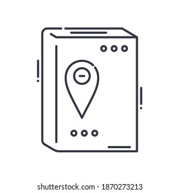 Location book icon, linear isolated illustration, thin line vector, web design sign, outline concept symbol with editable stroke on white background.
