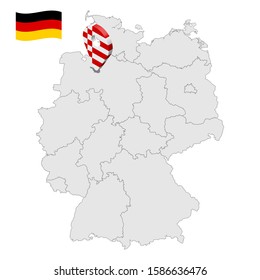 Location of Bremen on map Federal Republic of Germany. 3d Hamburg location sign similar to the flag of Free and Hanseatic city of Bremen. Map of Germany with regions. EPS10.