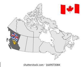 Location of  British Сolumbia on map Canada. 3d British Сolumbia location sign. Flag of British Сolumbia Province. Quality map of Canada. Stock vector. EPS10.