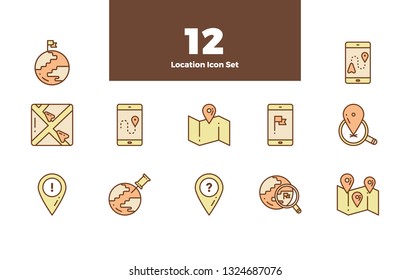 Location Bundle Set Flat Icon Illustration with Stroke