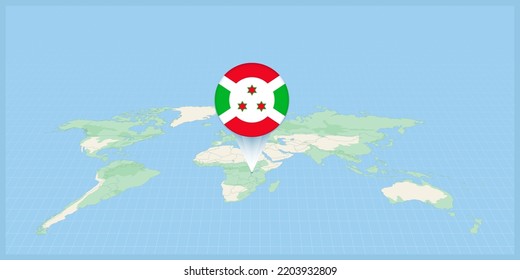 Location of Burundi on the world map, marked with Burundi flag pin. Cartographic vector illustration.