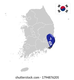 Location of Busan on map South Korea. 3d location sign similar to the flag of Busan. Quality map  with  provinces of  South Korea for your design. EPS10.
