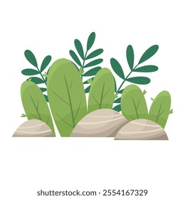 Location with bushes, grasses and stones for virtual games, nature theme, nature fragment in flat style.