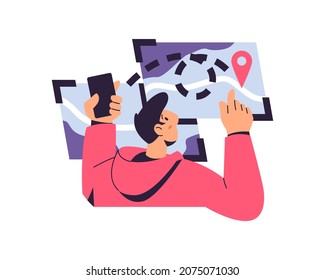 Location business data research, investment and strategy planning, man with smartphone and map. Vector finance, market data analytics, strategic management. Strategy successful growth, point search