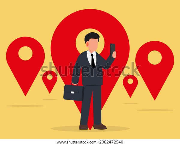 Location. Businessman checking location from\
smartphone, Online\
marketing.
