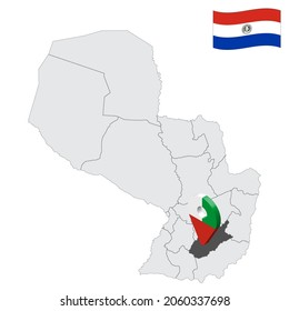 Lage Caazapa Abteilung auf Karte Peru. 3D-Ortszeichen ähnlich der Flagge von Caazapa. Qualitätsplan mit den Provinzen Republik Paraguay für Ihr Design. EPS10