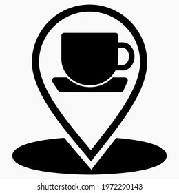 Location of the cafe. GPS and cup. Point on the recreation map. Restaurant icon. Vector icon.