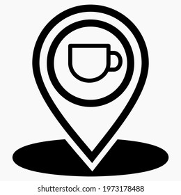 Location of the cafe. GPS and cup. Point on the recreation map. Restaurant icon. Vector icon.