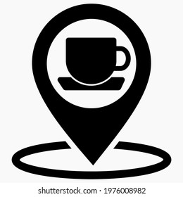 Location of the cafe. GPS and cup. Point on the recreation map. Restaurant icon. Vector icon.