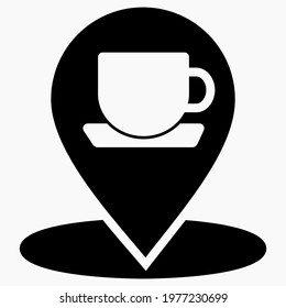 Location of the cafe. GPS and cup. Point on the recreation map. Restaurant icon. Vector icon.