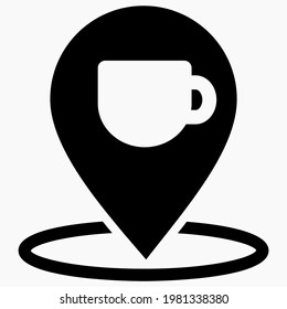 Die Lage des Cafés. GPS und Tasse. Zeigen Sie auf der Erholungskarte. Restaurant Ikone. Vektorsymbol.