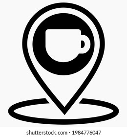 Location of the cafe. GPS and cup. Point on the recreation map. Restaurant icon. Vector icon.