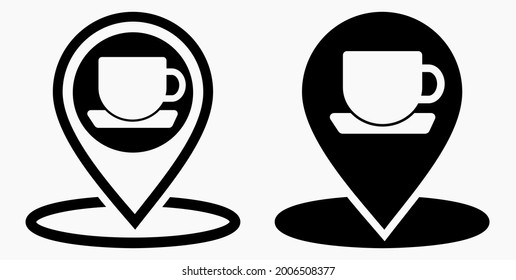 Die Lage des Cafés. GPS und Tasse. Zeigen Sie auf der Erholungskarte. Restaurant Ikone. Vektorsymbol.